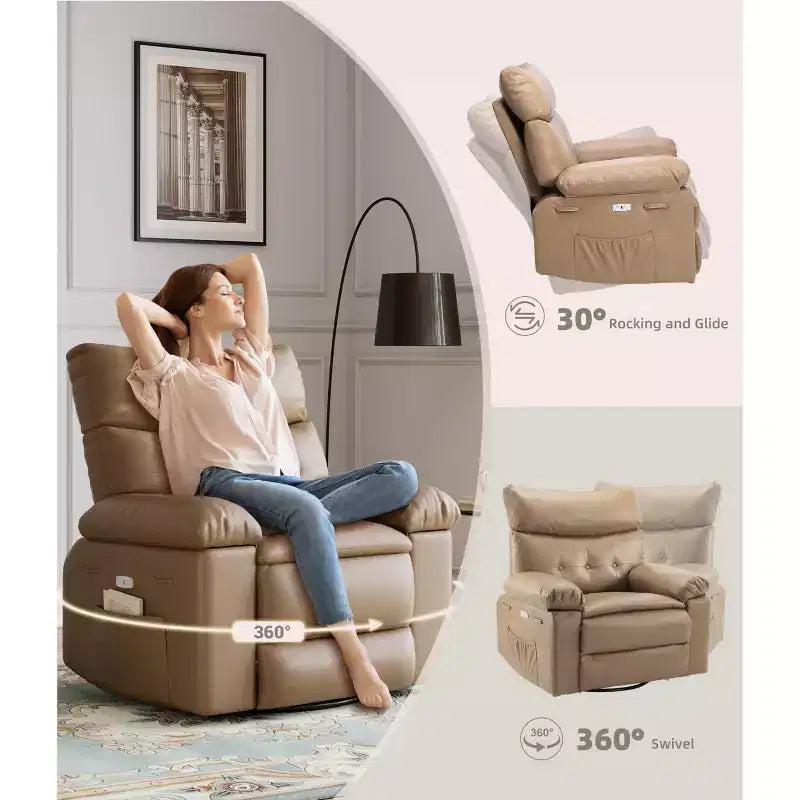 27" Oversized Recliner Chair 360 Swivel Rocker with Heat & Massage