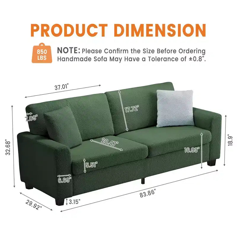 83 Couch for Living Room, Comfy Sofa with Deep Seat, Modern Sofa with Wide Armrest, Removeable Cover, Teddy Fleece 3 Seater Couch for Bedroom