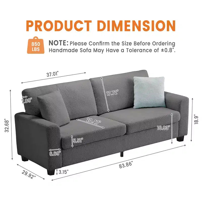 83 Couch for Living Room, Comfy Sofa with Deep Seat, Modern Sofa with Wide Armrest, Removeable Cover, Teddy Fleece 3 Seater Couch for Bedroom