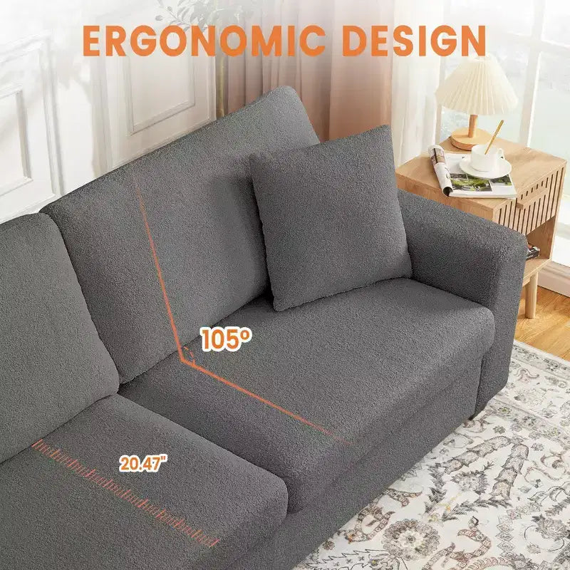 83 Couch for Living Room, Comfy Sofa with Deep Seat, Modern Sofa with Wide Armrest, Removeable Cover, Teddy Fleece 3 Seater Couch for Bedroom