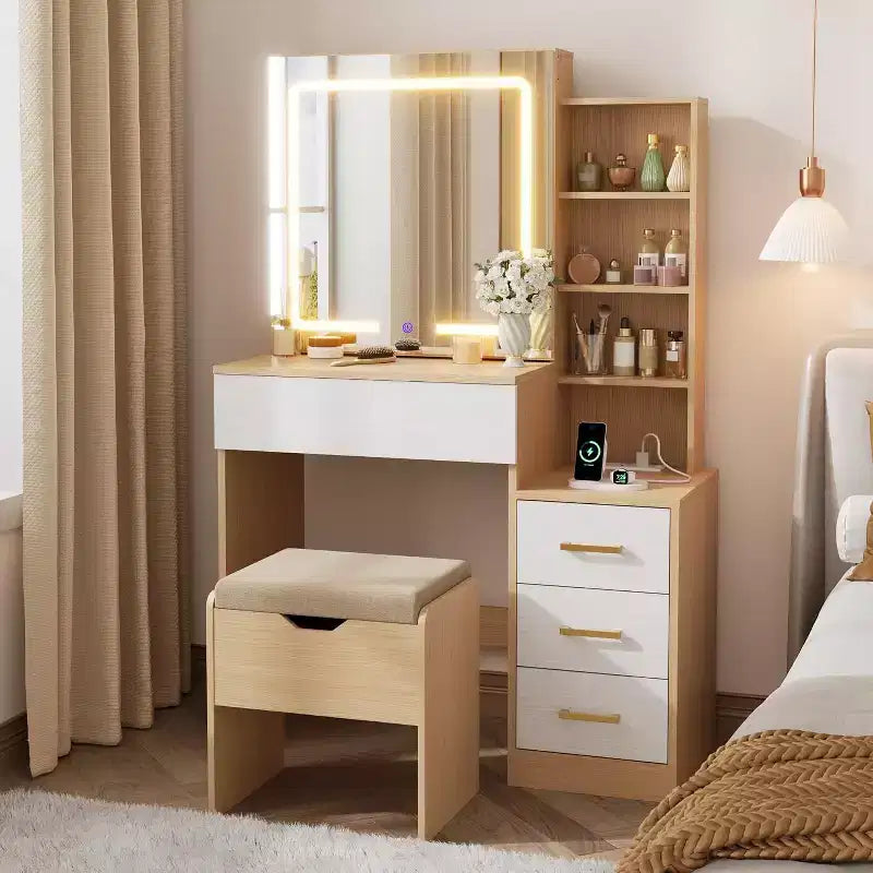 Makeup Vanity Desk with Sliding Mirror, Vanity Dressing Table with 3 Color Adjustable Lights, 4 Compact Vanity Drawers, Power Outlet, Black