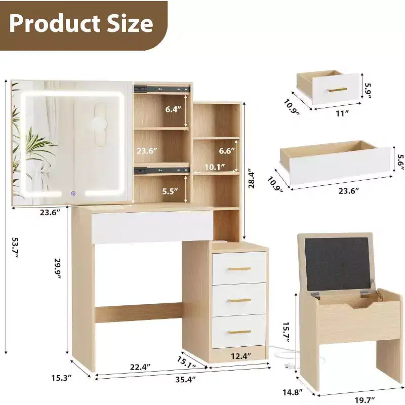 Makeup Vanity Desk with Sliding Mirror, Vanity Dressing Table with 3 Color Adjustable Lights, 4 Compact Vanity Drawers, Power Outlet, Black