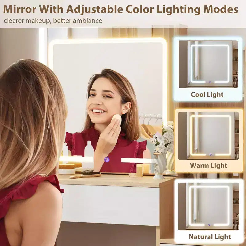 Makeup Vanity Desk with Sliding Mirror, Vanity Dressing Table with 3 Color Adjustable Lights, 4 Compact Vanity Drawers, Power Outlet, Black