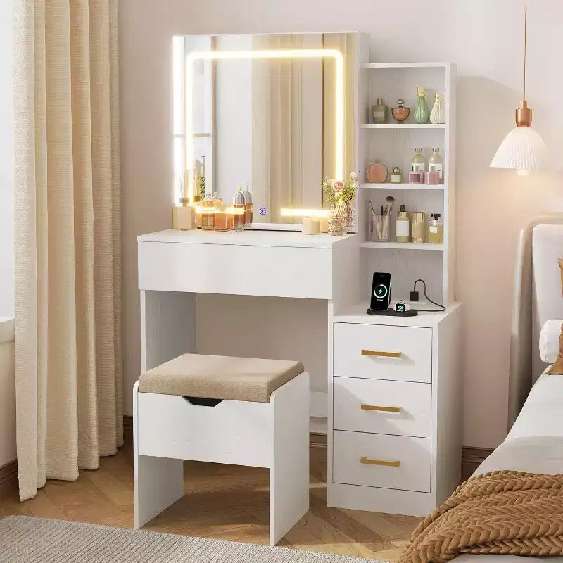 Makeup Vanity Desk with Sliding Mirror, Vanity Dressing Table with 3 Color Adjustable Lights, 4 Compact Vanity Drawers, Power Outlet, Black