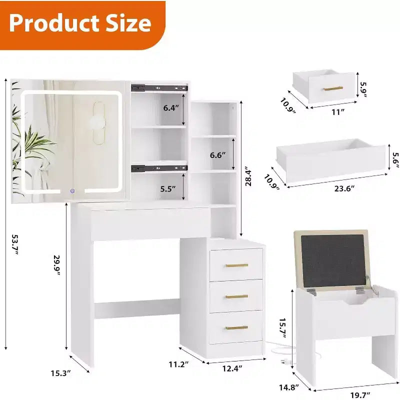 Makeup Vanity Desk with Sliding Mirror, Vanity Dressing Table with 3 Color Adjustable Lights, 4 Compact Vanity Drawers, Power Outlet, Black