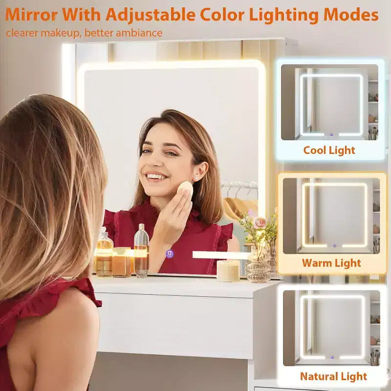Makeup Vanity Desk with Sliding Mirror, Vanity Dressing Table with 3 Color Adjustable Lights, 4 Compact Vanity Drawers, Power Outlet, Black