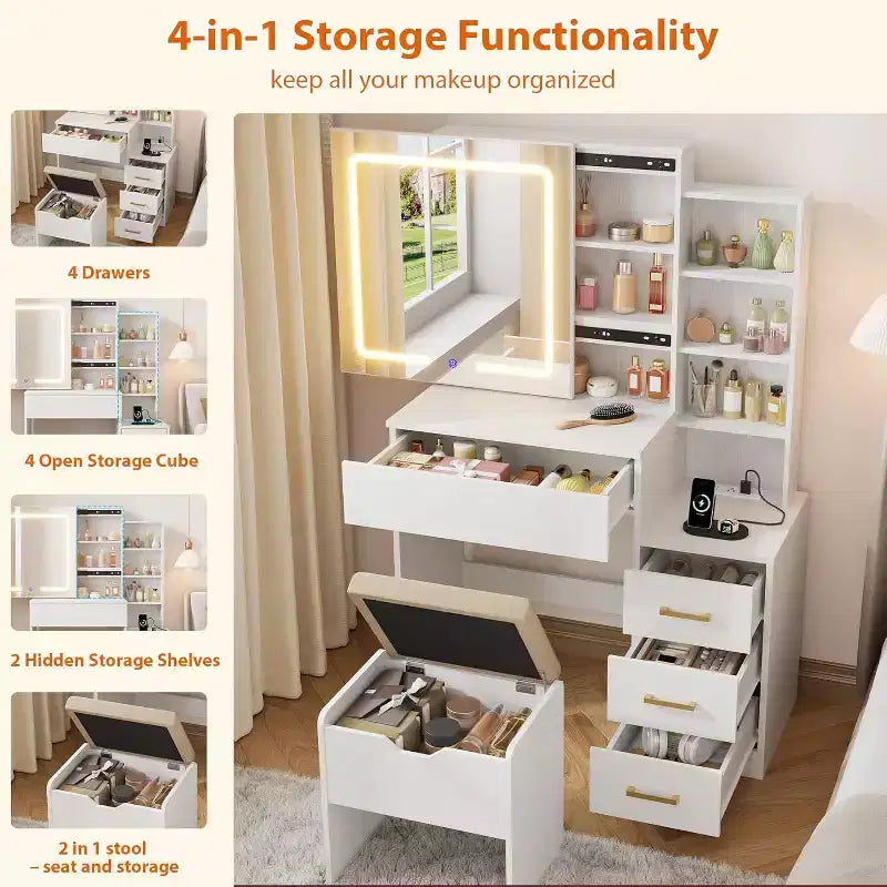 Makeup Vanity Desk with Sliding Mirror, Vanity Dressing Table with 3 Color Adjustable Lights, 4 Compact Vanity Drawers, Power Outlet, Black