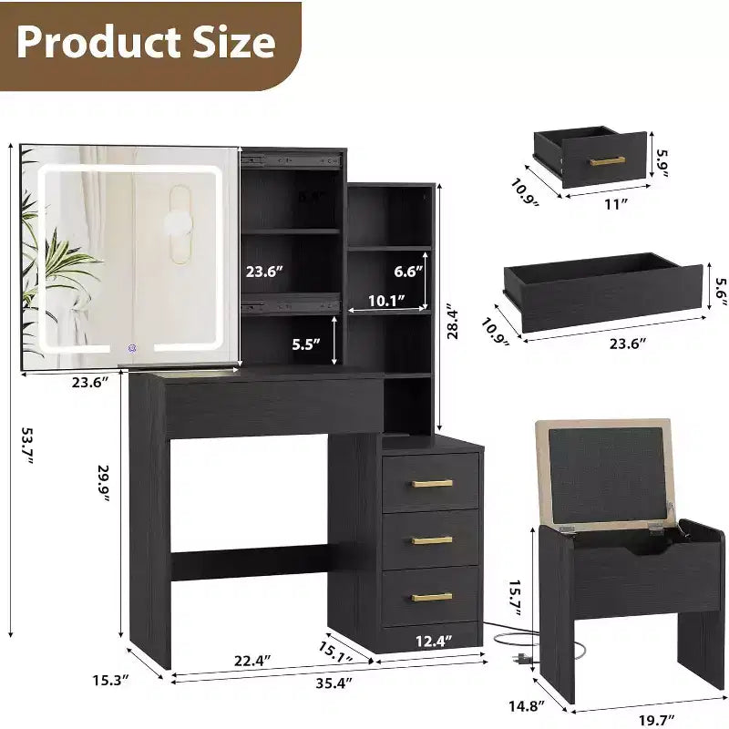 Makeup Vanity Desk with Sliding Mirror, Vanity Dressing Table with 3 Color Adjustable Lights, 4 Compact Vanity Drawers, Power Outlet, Black