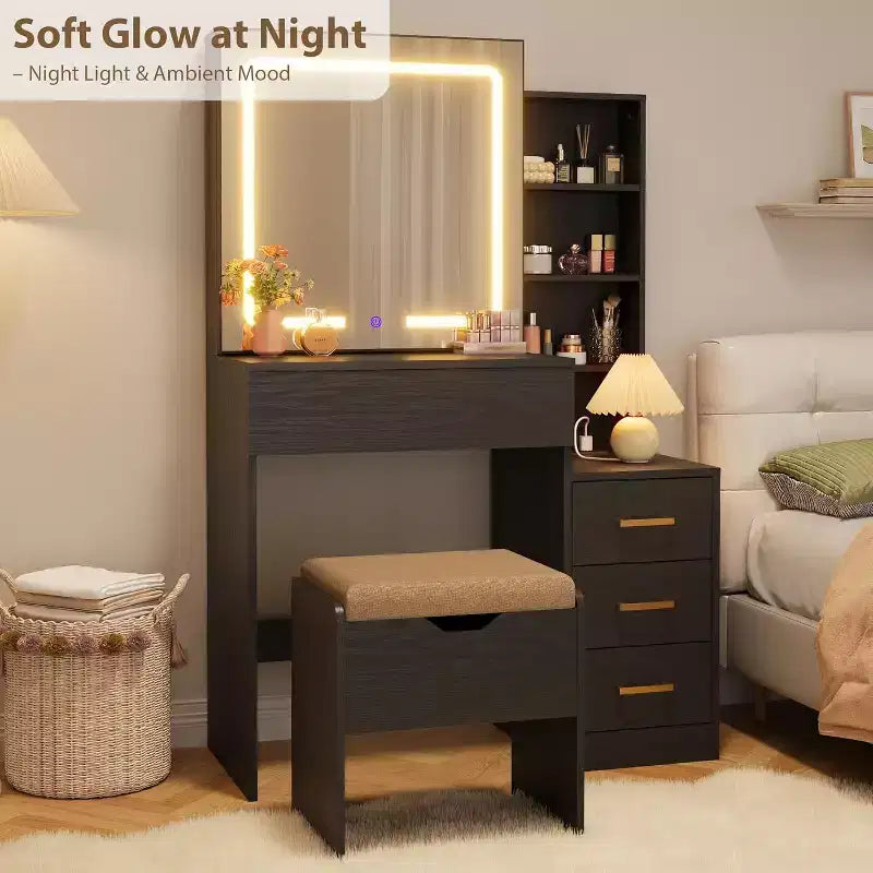 Makeup Vanity Desk with Sliding Mirror, Vanity Dressing Table with 3 Color Adjustable Lights, 4 Compact Vanity Drawers, Power Outlet, Black