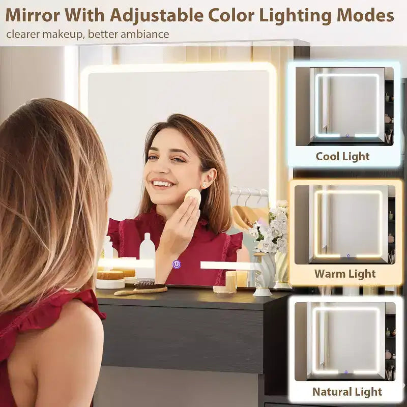 Makeup Vanity Desk with Sliding Mirror, Vanity Dressing Table with 3 Color Adjustable Lights, 4 Compact Vanity Drawers, Power Outlet, Black