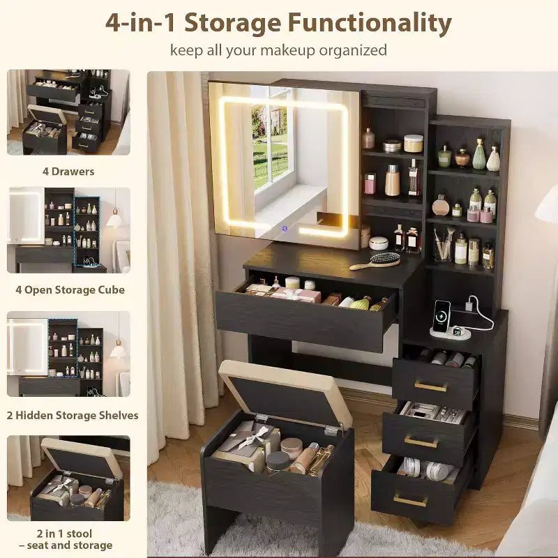 Makeup Vanity Desk with Sliding Mirror, Vanity Dressing Table with 3 Color Adjustable Lights, 4 Compact Vanity Drawers, Power Outlet, Black