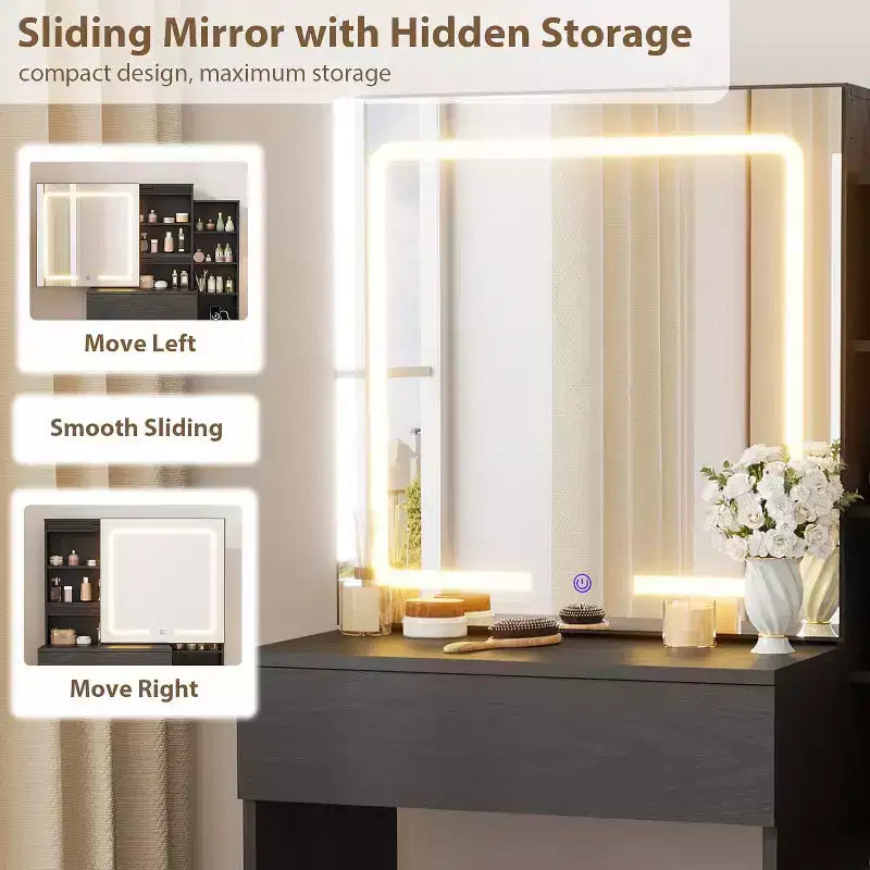 Makeup Vanity Desk with Sliding Mirror, Vanity Dressing Table with 3 Color Adjustable Lights, 4 Compact Vanity Drawers, Power Outlet, Black