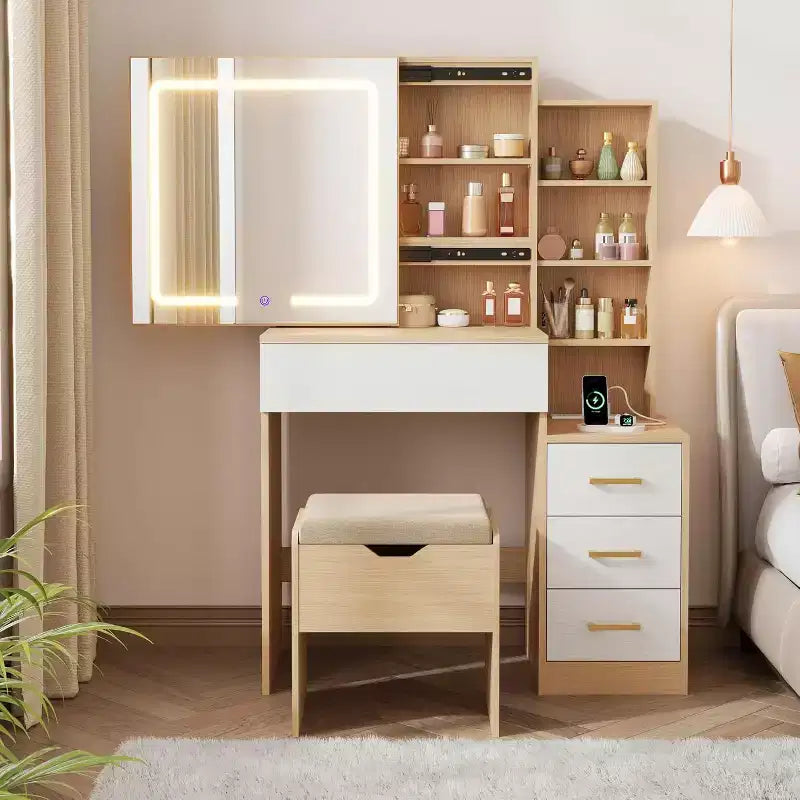 Makeup Vanity Desk with Sliding Mirror, Vanity Dressing Table with 3 Color Adjustable Lights, 4 Compact Vanity Drawers, Power Outlet, Black