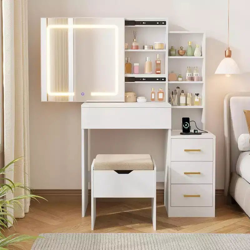 Makeup Vanity Desk with Sliding Mirror, Vanity Dressing Table with 3 Color Adjustable Lights, 4 Compact Vanity Drawers, Power Outlet, Black