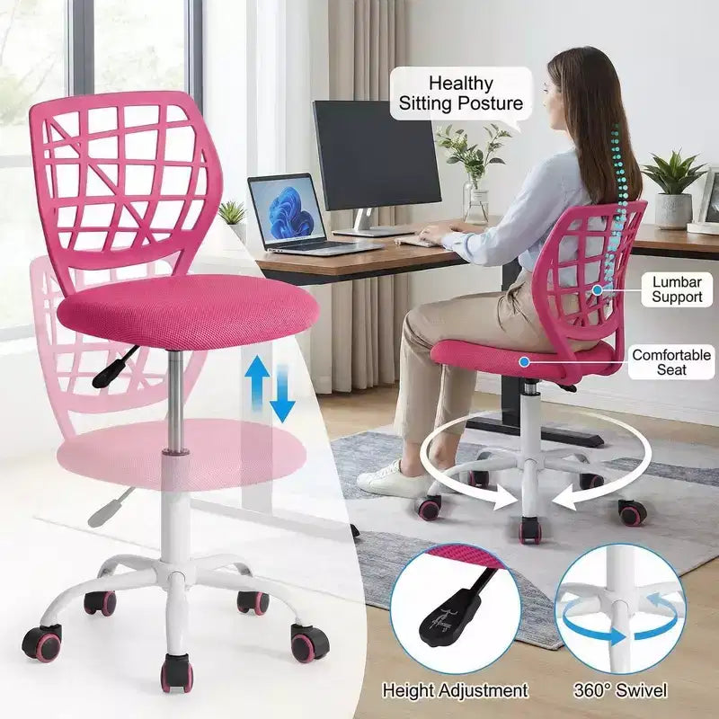 Adjustable Desk Chair with Padded Seat Cushion, Plastic Backrest and Wheels, Pink
