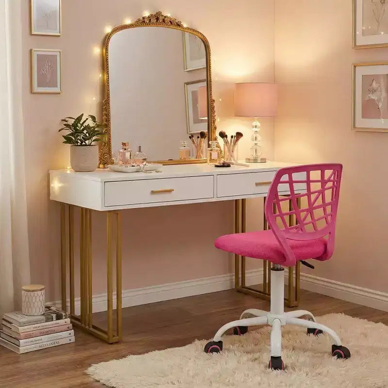 Adjustable Desk Chair with Padded Seat Cushion, Plastic Backrest and Wheels, Pink
