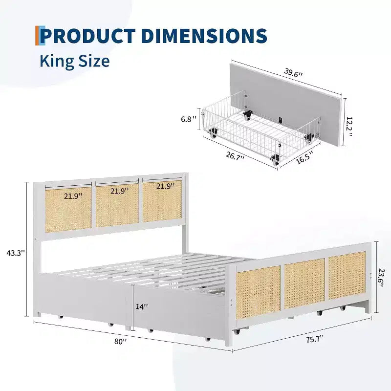 King Size Bed Frame with Headboard, Bohemian Rattan Platform Bed with Storage Drawers and LED Lighting