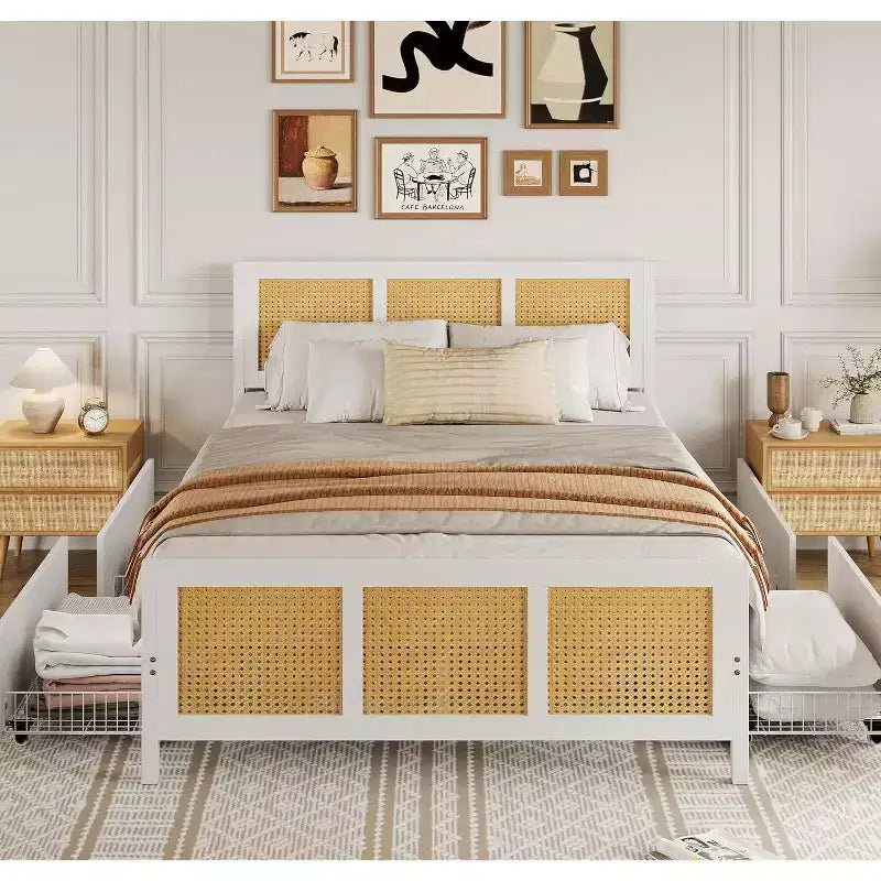 King Size Bed Frame with Headboard, Bohemian Rattan Platform Bed with Storage Drawers and LED Lighting