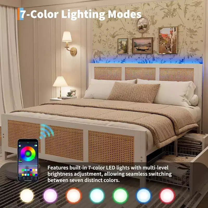 King Size Bed Frame with Headboard, Bohemian Rattan Platform Bed with Storage Drawers and LED Lighting