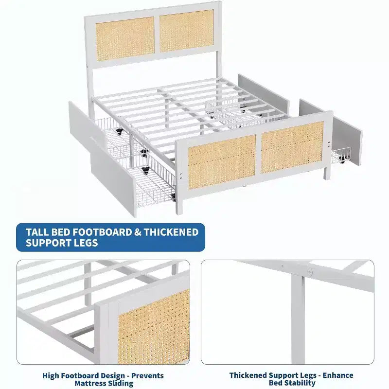 King Size Bed Frame with Headboard, Bohemian Rattan Platform Bed with Storage Drawers and LED Lighting