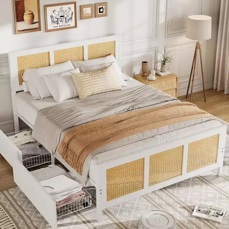King Size Bed Frame with Headboard, Bohemian Rattan Platform Bed with Storage Drawers and LED Lighting