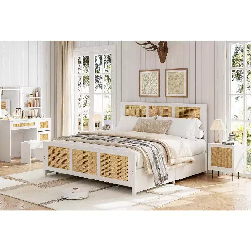 King Size Bed Frame with Headboard, Bohemian Rattan Platform Bed with Storage Drawers and LED Lighting