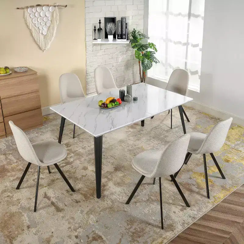 Dining Table for 4-6 Person with Faux Marble Print Tabletop and Metal Steel Legs, White
