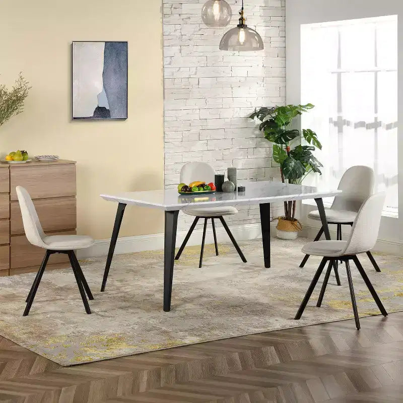 Dining Table for 4-6 Person with Faux Marble Print Tabletop and Metal Steel Legs, White