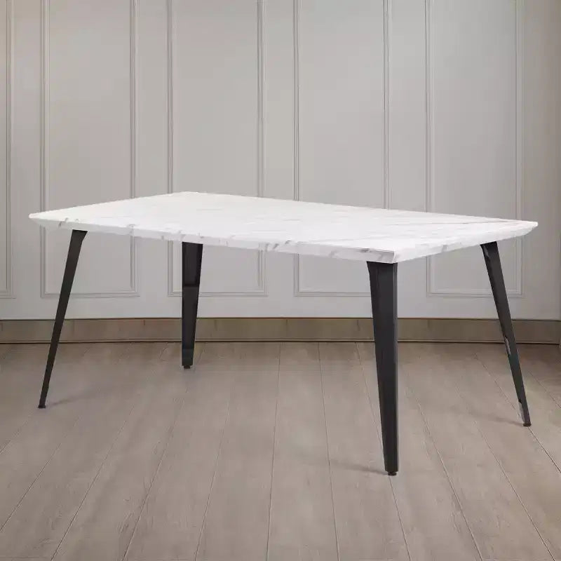 Dining Table for 4-6 Person with Faux Marble Print Tabletop and Metal Steel Legs, White