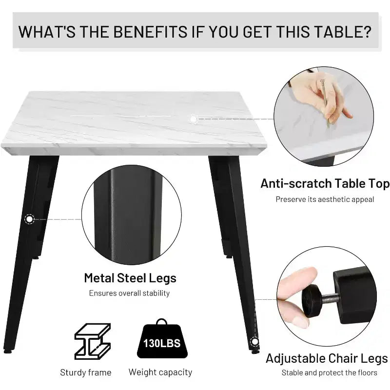 Dining Table for 4-6 Person with Faux Marble Print Tabletop and Metal Steel Legs, White