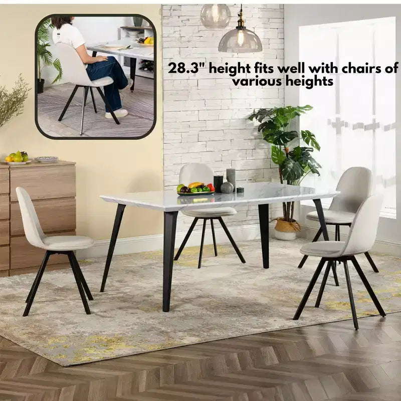Dining Table for 4-6 Person with Faux Marble Print Tabletop and Metal Steel Legs, White