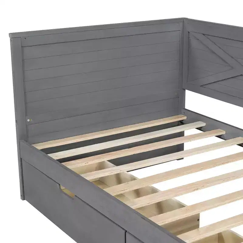 Twin Size Daybed Frame with Storage Drawers, Farmhouse L Shaped Corner Daybed Bed for Bedroom, Grey
