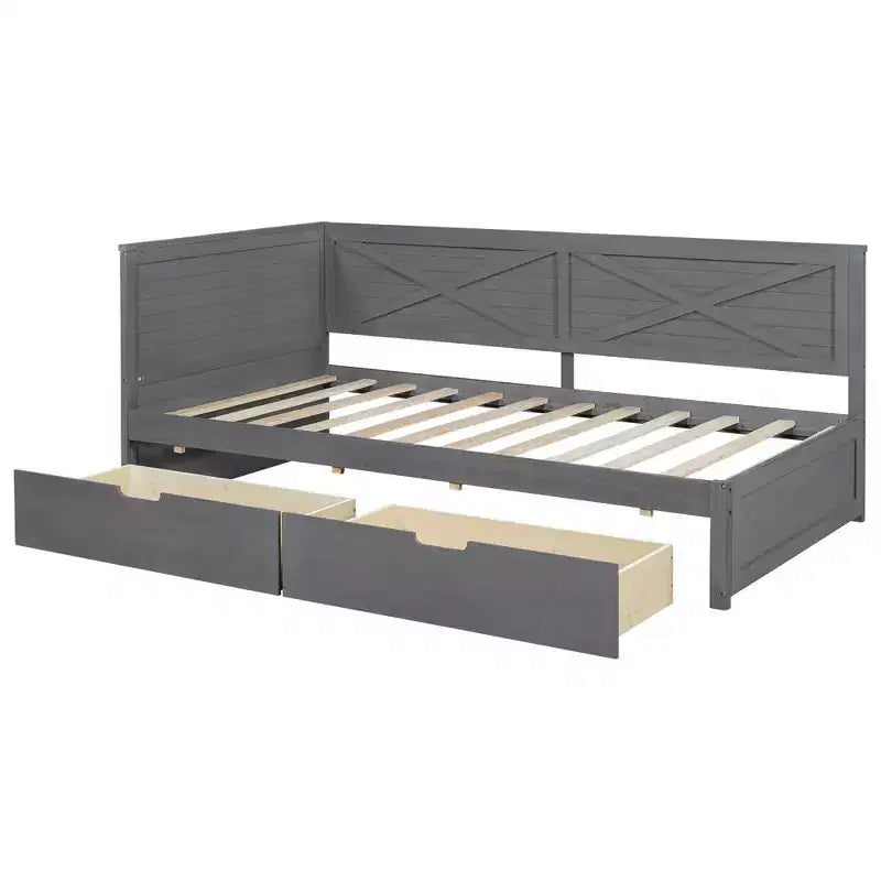 Twin Size Daybed Frame with Storage Drawers, Farmhouse L Shaped Corner Daybed Bed for Bedroom, Grey