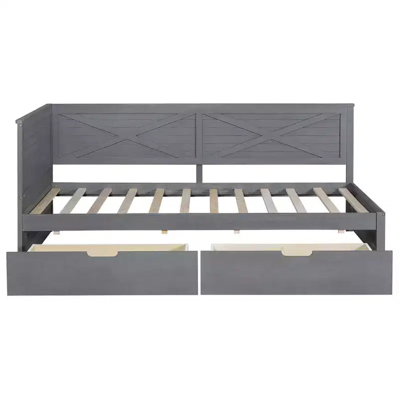 Twin Size Daybed Frame with Storage Drawers, Farmhouse L Shaped Corner Daybed Bed for Bedroom, Grey