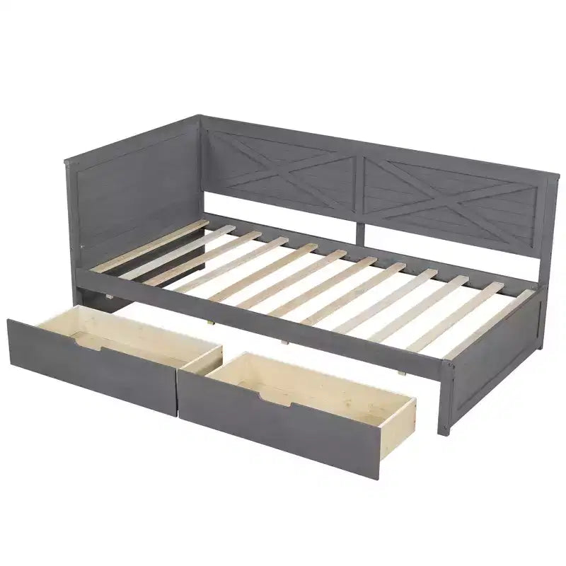 Twin Size Daybed Frame with Storage Drawers, Farmhouse L Shaped Corner Daybed Bed for Bedroom, Grey