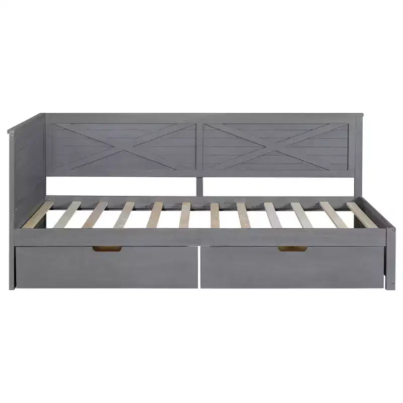 Twin Size Daybed Frame with Storage Drawers, Farmhouse L Shaped Corner Daybed Bed for Bedroom, Grey