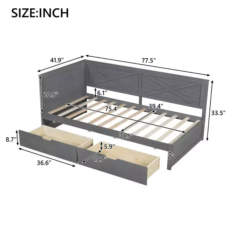 Twin Size Daybed Frame with Storage Drawers, Farmhouse L Shaped Corner Daybed Bed for Bedroom, Grey