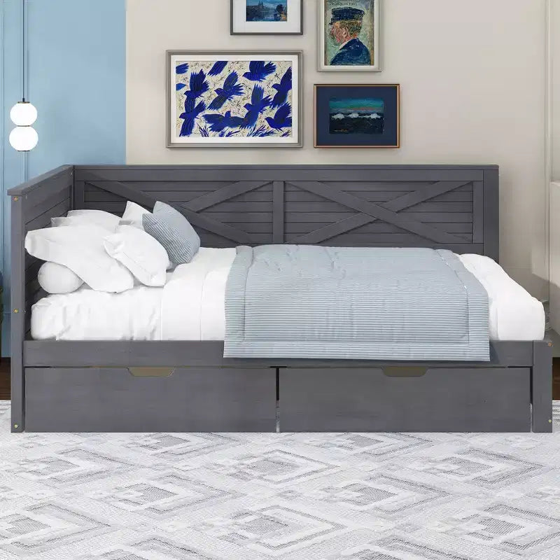 Twin Size Daybed Frame with Storage Drawers, Farmhouse L Shaped Corner Daybed Bed for Bedroom, Grey