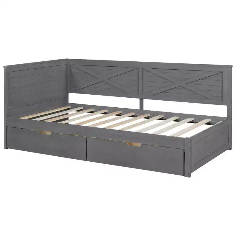 Twin Size Daybed Frame with Storage Drawers, Farmhouse L Shaped Corner Daybed Bed for Bedroom, Grey