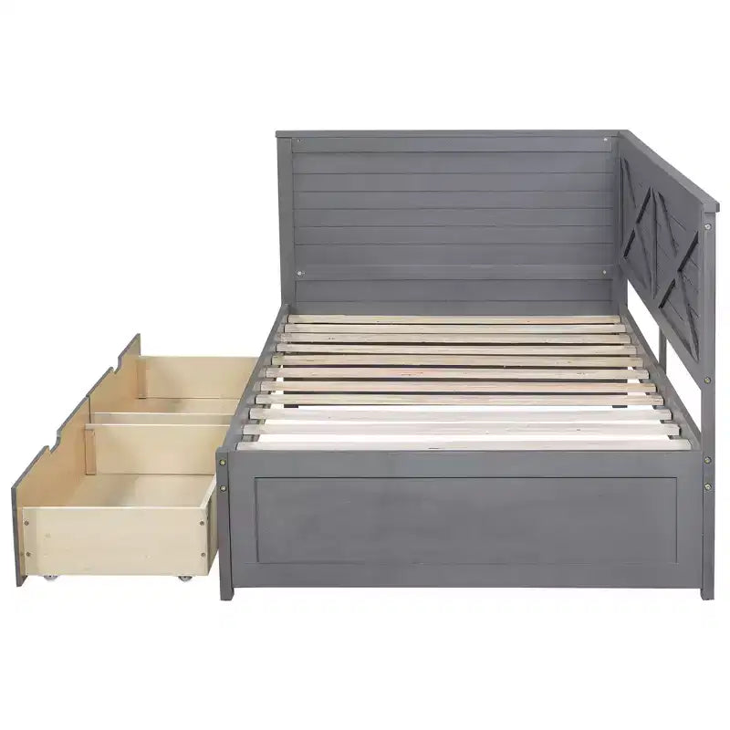 Twin Size Daybed Frame with Storage Drawers, Farmhouse L Shaped Corner Daybed Bed for Bedroom, Grey