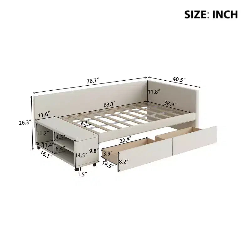 Twin Size L-Shaped Platform Bed with Wrap-Around Storage and Drawers