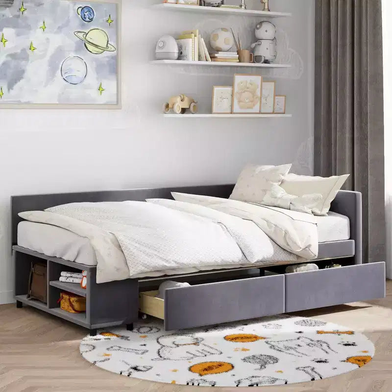 Twin Size L-Shaped Platform Bed with Wrap-Around Storage and Drawers