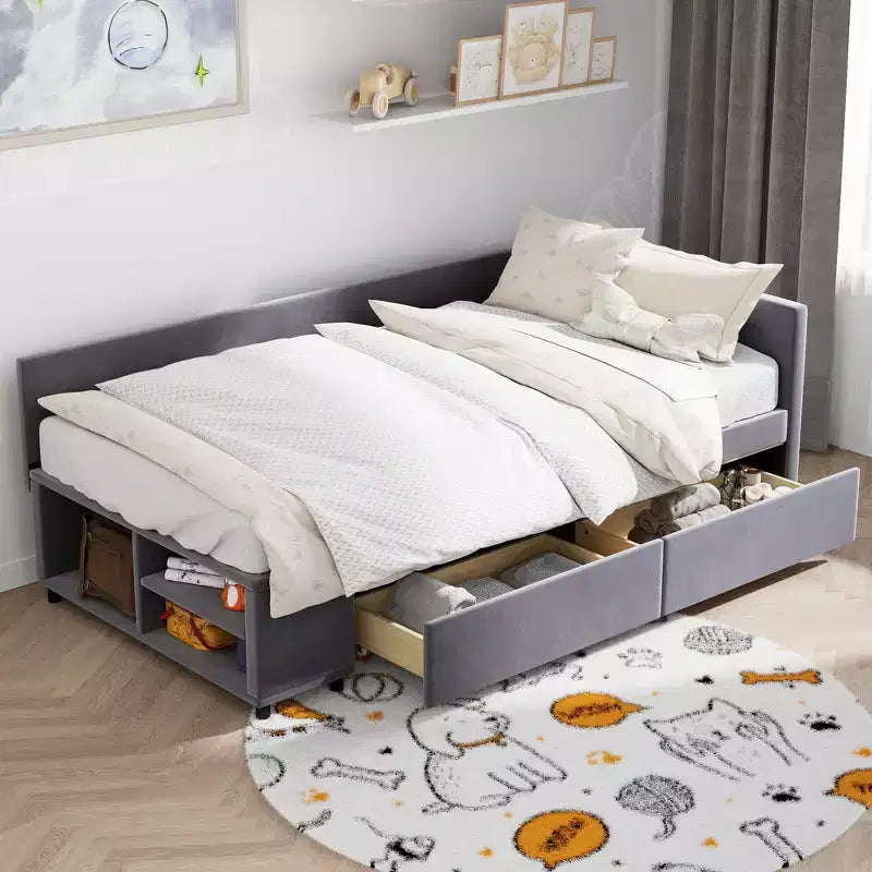 Twin Size L-Shaped Platform Bed with Wrap-Around Storage and Drawers