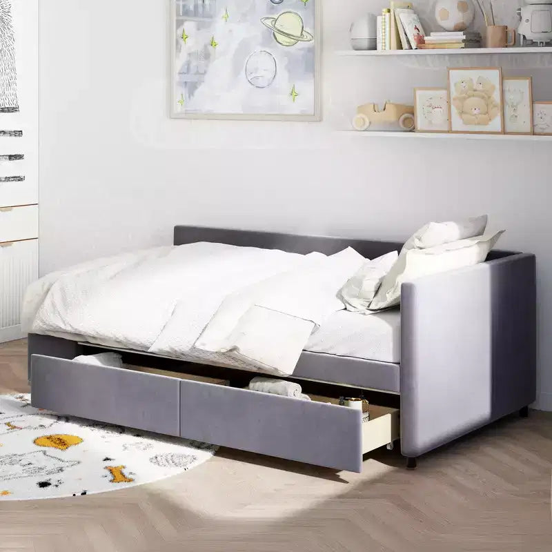 Twin Size L-Shaped Platform Bed with Wrap-Around Storage and Drawers