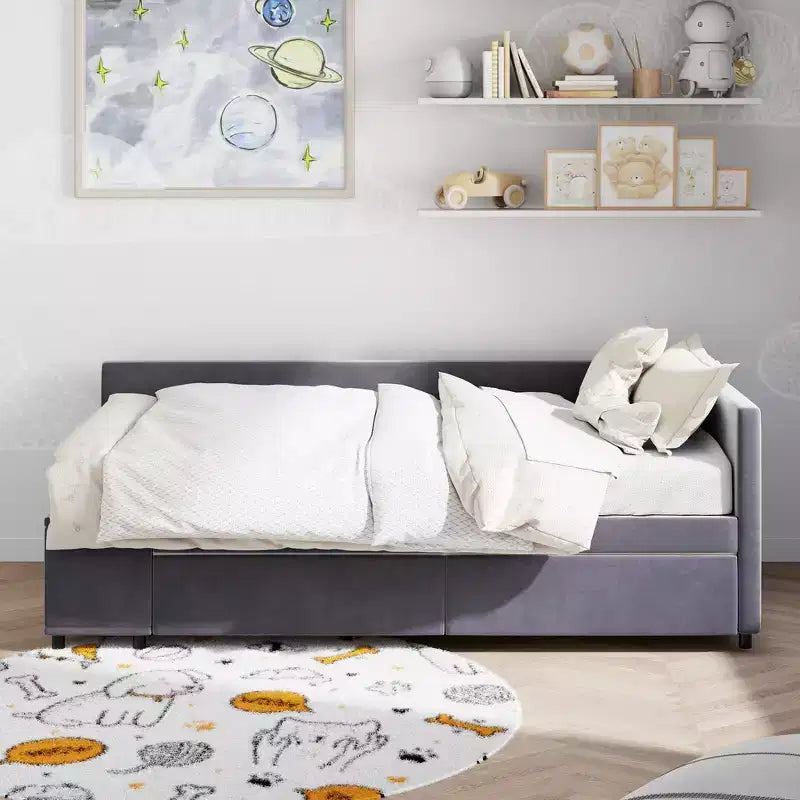 Twin Size L-Shaped Platform Bed with Wrap-Around Storage and Drawers