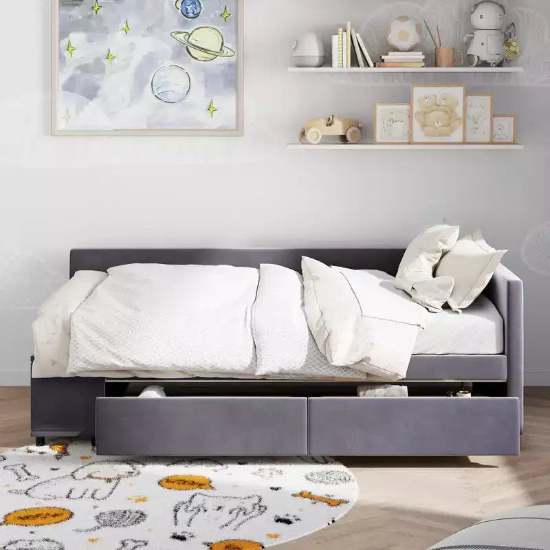 Twin Size L-Shaped Platform Bed with Wrap-Around Storage and Drawers
