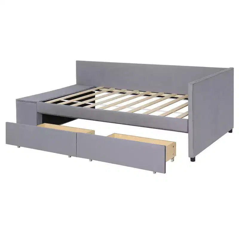 Twin Size L-Shaped Platform Bed with Wrap-Around Storage and Drawers