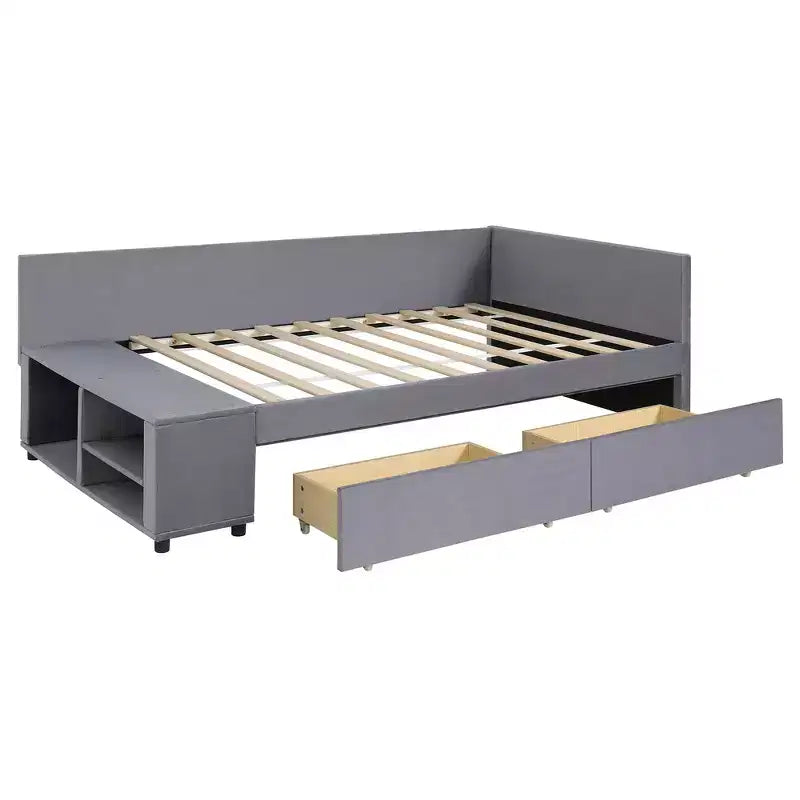 Twin Size L-Shaped Platform Bed with Wrap-Around Storage and Drawers