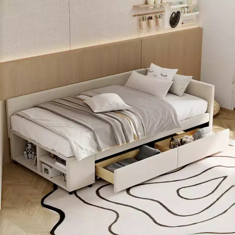 Twin Size L-Shaped Platform Bed with Wrap-Around Storage and Drawers