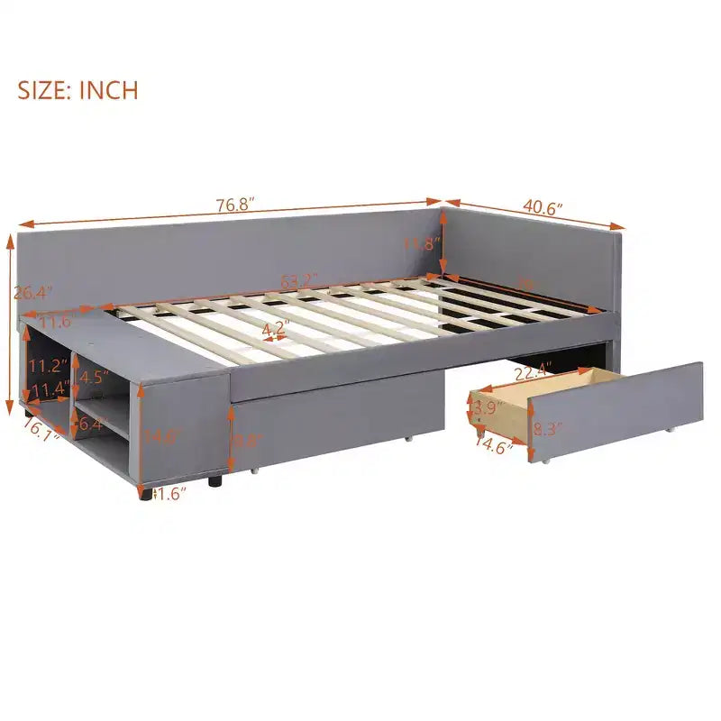 Twin Size L-Shaped Platform Bed with Wrap-Around Storage and Drawers